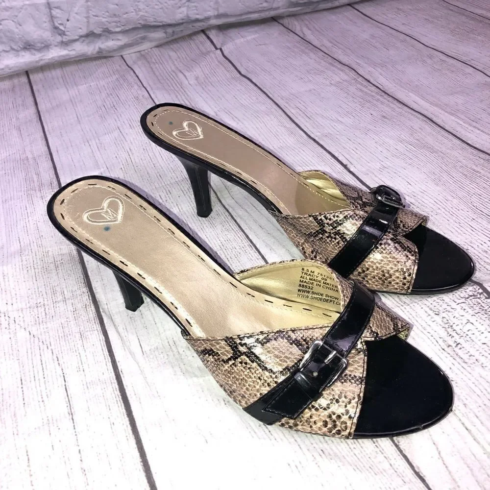 Madeline open toe Heeled pumps black tan size 8.5